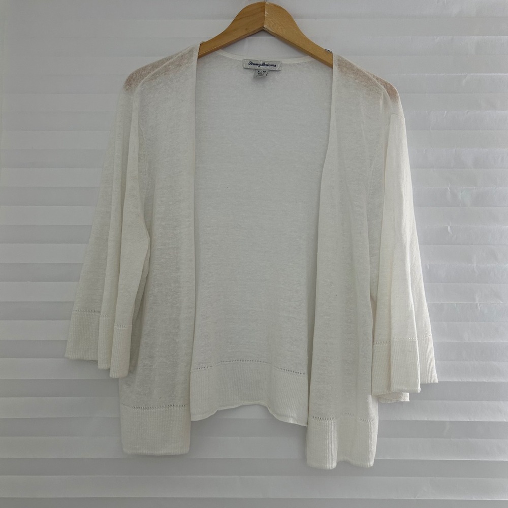 Tommy Bahama Womens XL White 100% Linen Open Front Bell Sleeve Cardigan Sweater
